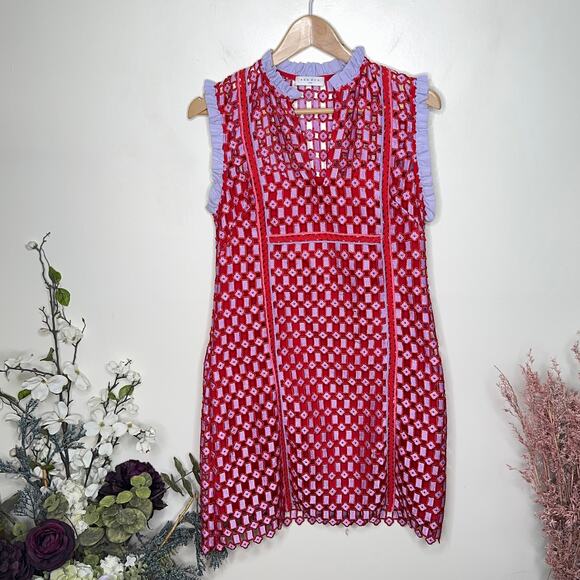 SANDRO Anaele Crochet Lace Ruffle Dress Red Purple {FF27} - Picture 4 of 8